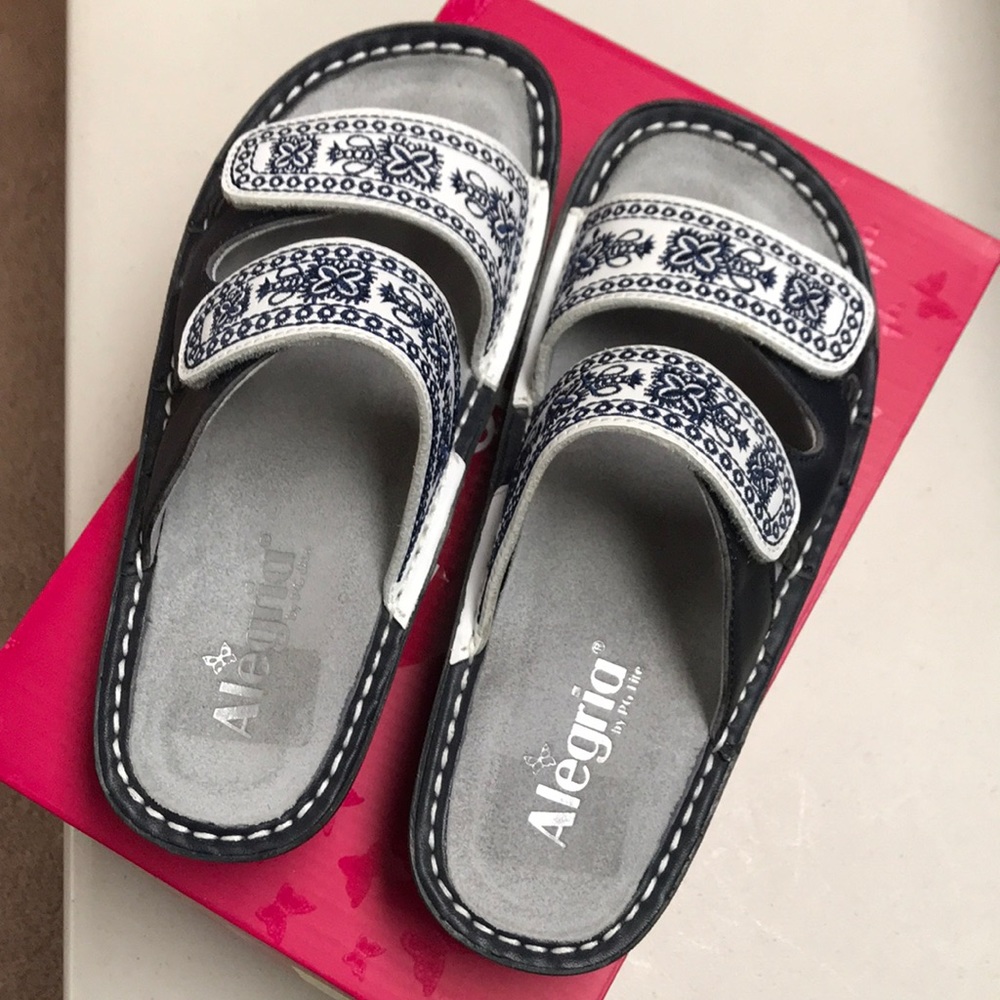 Alegria Camille slide sandals. “Sew cool navy”